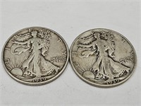 2- 1939 D Walking Liberty 1/2 Dollar Silver Coins