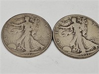 2- 1937 S Walking Liberty 1/2 Dollar Silver Coins
