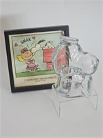 COOL VTG GLASS SNOOPY BANK WITH FRAMED PICTURE