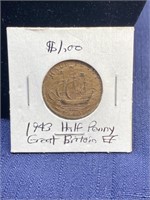 1943 half penny Great Britain coin