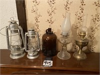 (4) Antique Lamps & Brown Glass Jug