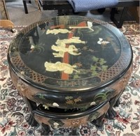 VTG Asian Black Lacquer Table w/ 4 Nested Stools