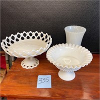 Fenton hobnail footed bowl, milk glass compote lot