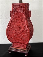 Chinese Cinnabar Carved Lamp w/ Intricate Dragon