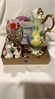 Tea pot, cups, statues, vase