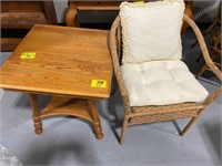 WOODEN ACCENT TABLE, PLASTIC WICKER CHAIR