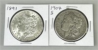 1891 & 1904-S Morgan Silver Dollars.