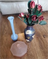 3 Pc - Vase With Flowers. Blue Vase And C