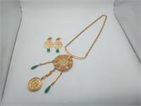 Ornate Gold Tone Asian Jadeite Necklace Earrings