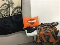 Harley Davidson items- blankets, pillow, dorags