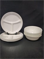6 white divided Corelle plates, 7 Corelle bowls