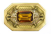 Early Art Nouveau Large Amber Brass Sash Pin