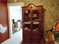 oak look display cabinet with glass doors, lighted