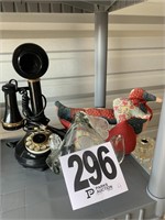 Vintage Style Phone, Glass Decorative Item & (2)