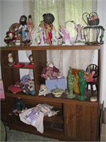 Shelf with misc dolls, decor  lot