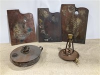 Brass candle holder, wooden painters trays,
