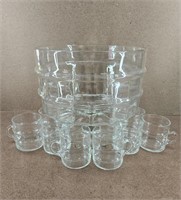 11pc Bamboo Style Clear Glass 11pc. Punch Bowl Set