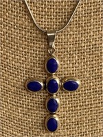 Sterling Silver Cross Necklace w/ Lapis Lazuli
