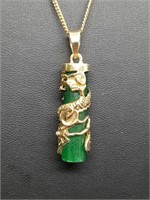 Silver Dragon and Green Stone Pendant Necklace