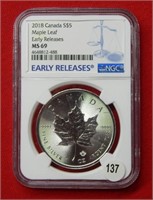 2018 Canada $5 Maple Leaf NGC MS69 1 Oz Silver