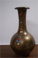 Heavy Brass Vase With Stone Inlay 11"