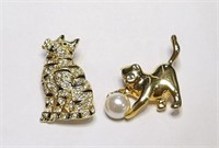 2 Gold Tone Jeweled & Faux Pearl Cat Brooches Pins