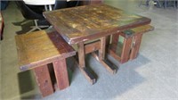 PINE DINNETTE TABLE & 2 BENCH SEATS.