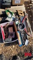 Box of Misc Tools, Sockets, oil, Hand Saws,