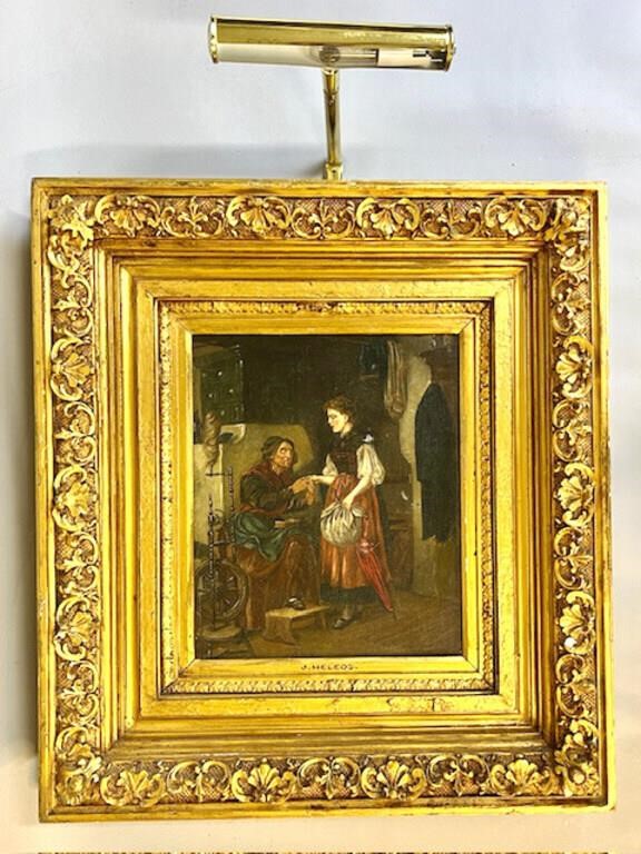 ANTIQUE PAINTING OF A GRANDMOTHER & GRANDDAUGHTER