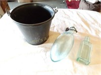 2 Vintage green glass bottles & tin bucket
