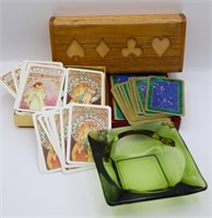 Vintage Playing Cards, Wood Box & Glass Ashtray