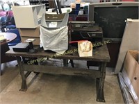 Wood top metal workbench with contents