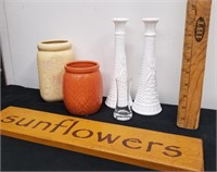 Milk glass vases with shot glass and two ceramic