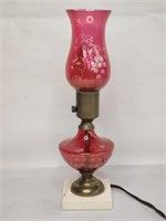 Vintage ruby red etched glass lamp on marble base