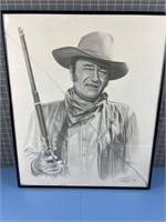 SIGNED JOHN WAYNE DRAWING CRACKED GLASS