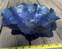 11" Blue Carnival Glass Footed Bowl