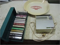 CASSETTES,.SERVING TRAY AND RADIO