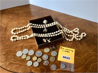 Sterling Cufflinks, Pearls, Coins