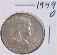 1949 D Benjamin Franklin Silver Half Dollar