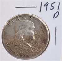 1951 D Benjamin Franklin Silver Half Dollar