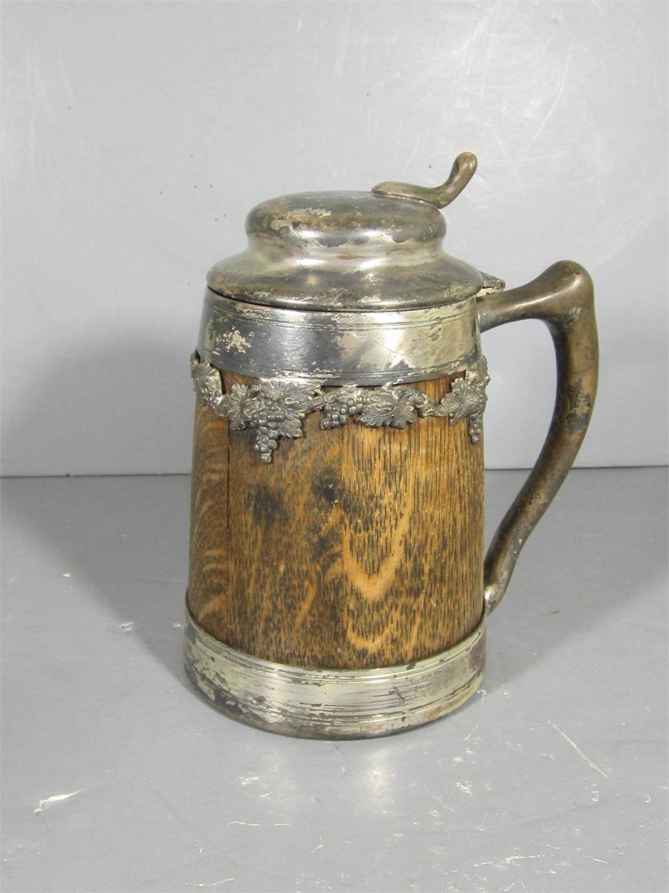 Farmhouse Antique Brass & Oak Beer Stein or Mug, St. Louis Silver Co