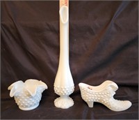 Fenton Hobnail: Bud Vase, Bowl, Cat Head Shoe