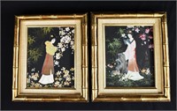 Pair Japanese Acrylic 0n Canvas Geisha Paintings