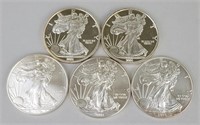5 One Troy Ounce Fine Silver Coins.