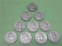Ten Ben Franklin Silver Half Dollars - 90% Silver