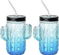 Set of 2 Cactus Mason Jar Drinking Glass 12 oz -