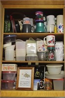 Mystery Cabinet of Plastic Dish Ware & Mugs