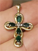 18k gold cross pendant w emeralds, diamonds
