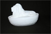 British Lion milk glass covered bowl 6"