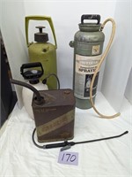 Metal gas can and pair of weed sprayers